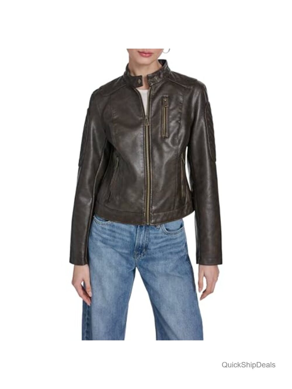 Faux Leather Motocross Racer Jacket with Quilted Panels & Zipper Pockets